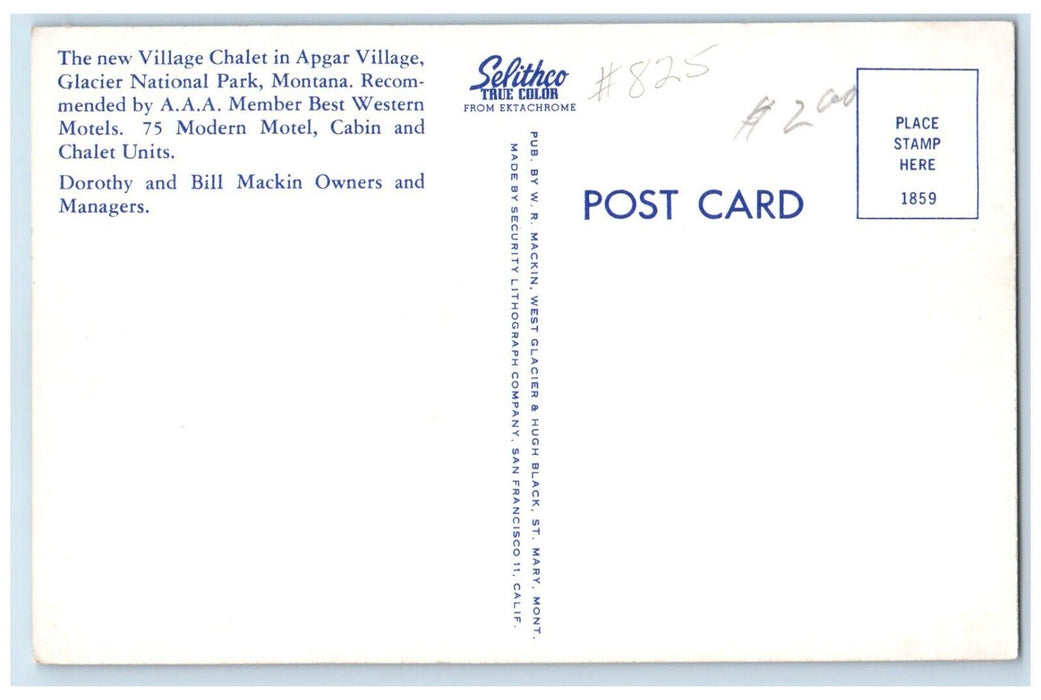 c1950's Village Chalet Apgar Village Glacier National Park Montana MT Postcard
