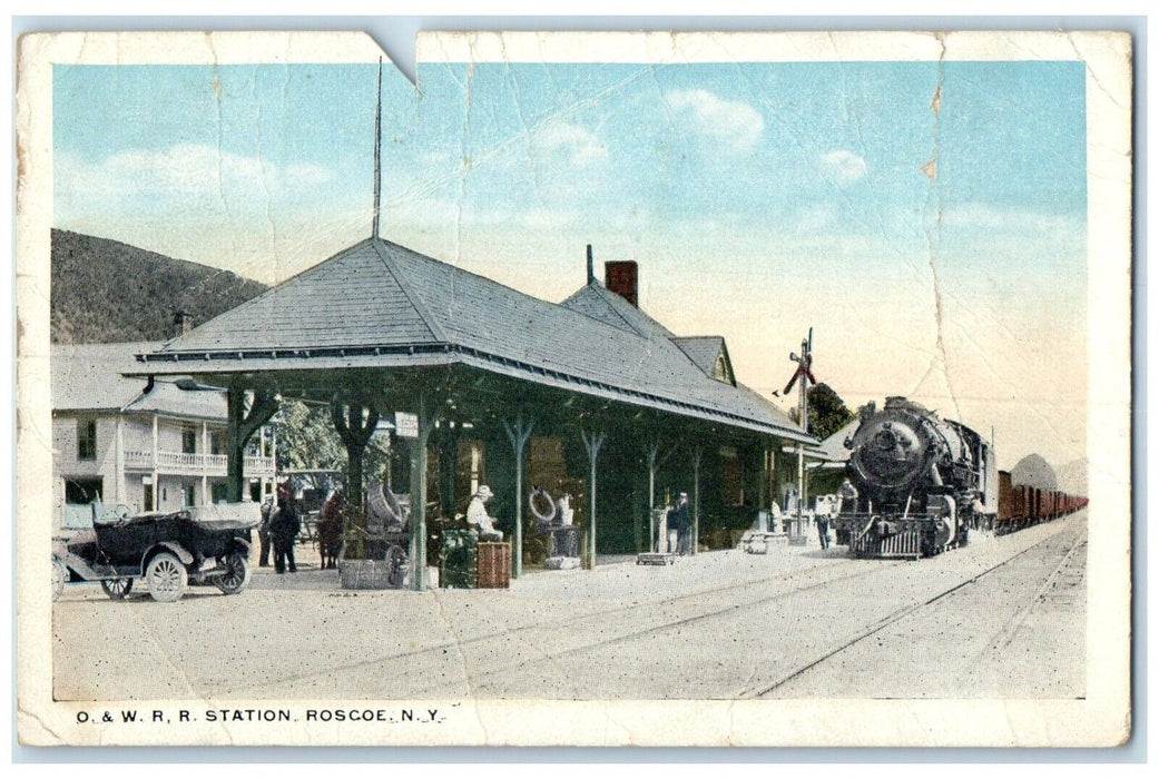1922 O. & W. R. R. Station Locomotive Train Railroad Roscoe New York NY Postcard