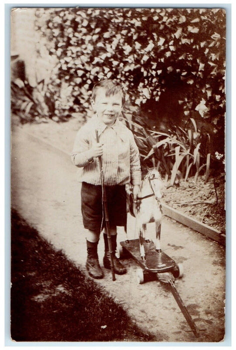 c1910's Little Boy Horse Toy England United Kingdom RPPC Photo Antique Postcard