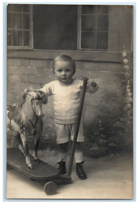 c1910's Little Boy With Horse Toy England United Kingdom RPPC Photo Postcard