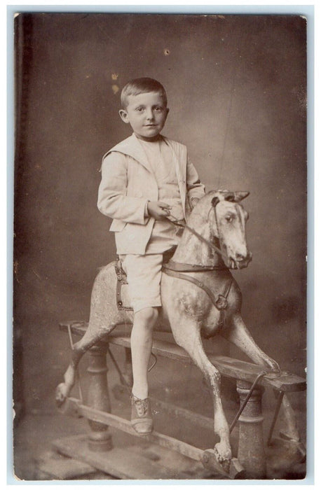Little Boy Riding Wooden Toy Horse England United Kingdom RPPC Photo Postcard