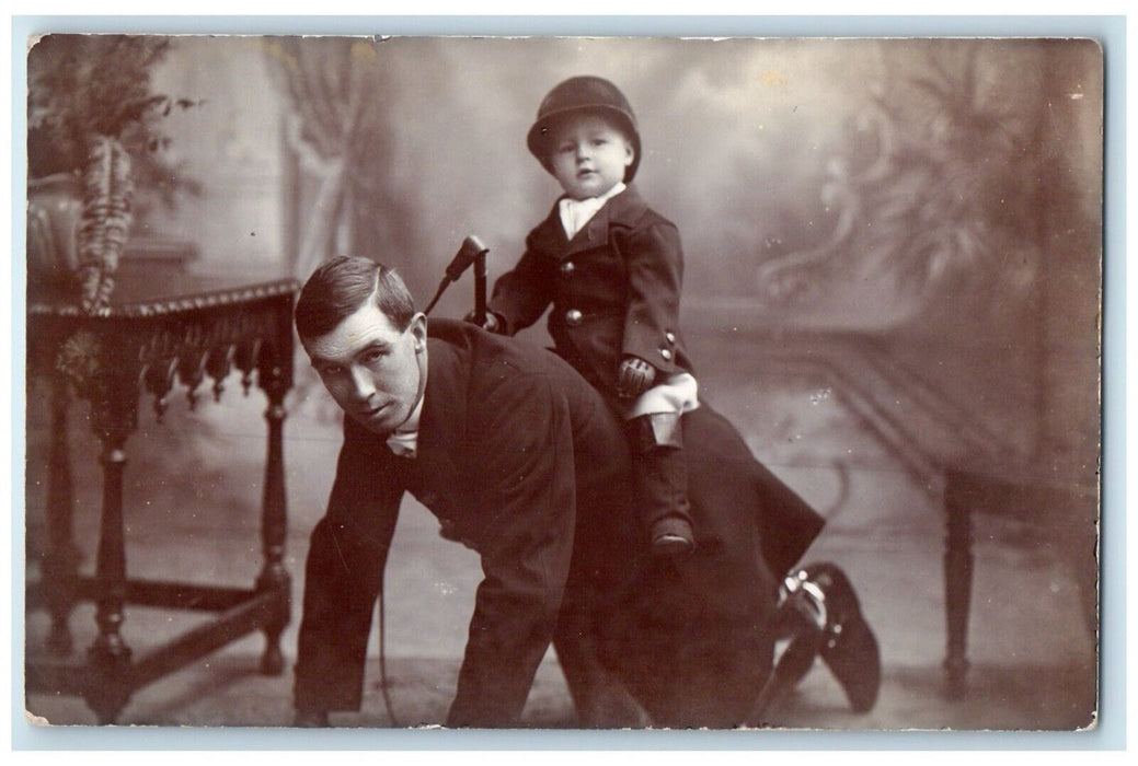 Riding Father Piggy Back Horse Jockey England UK RPPC Photo Antique Postcard