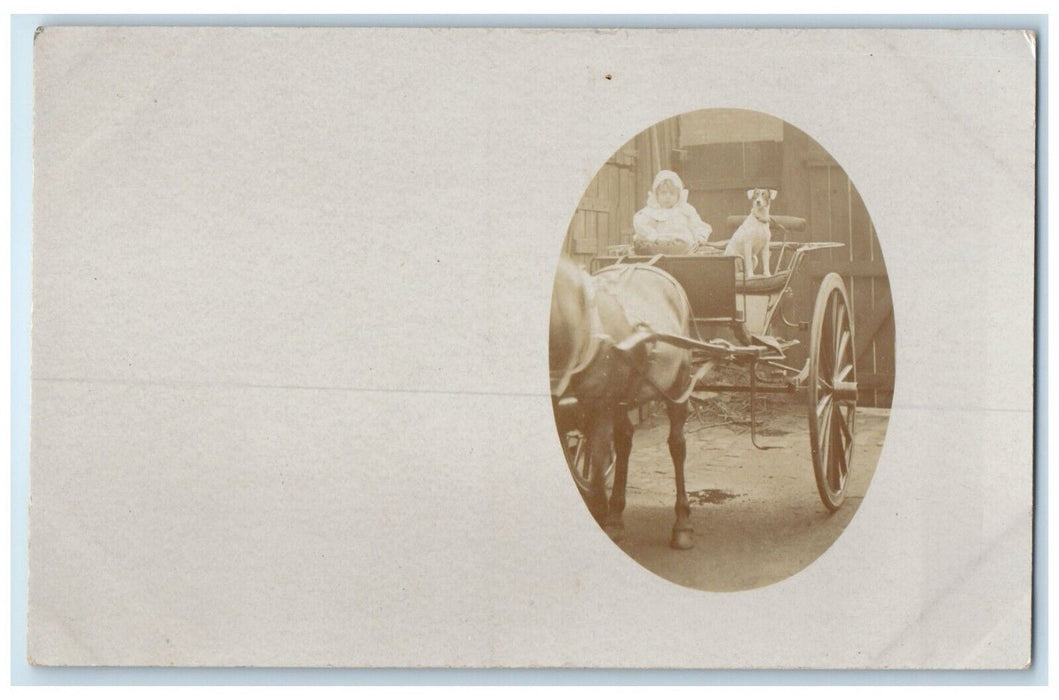 Little Girl Terrier Dog Horse Wagon England United Kingdom RPPC Photo Postcard