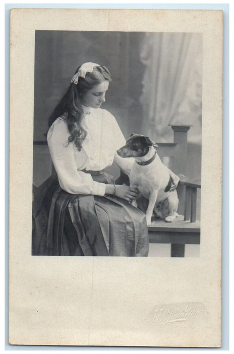 c1910's Girl And Dog Tunbridge Wells England UK RPPC Photo Antique Postcard