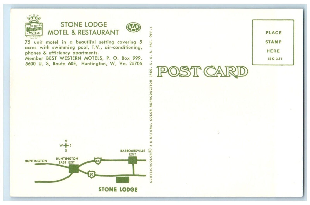 Stone Lodge Motel & Restaurant Huntington West Virginia WV Vintage Postcard