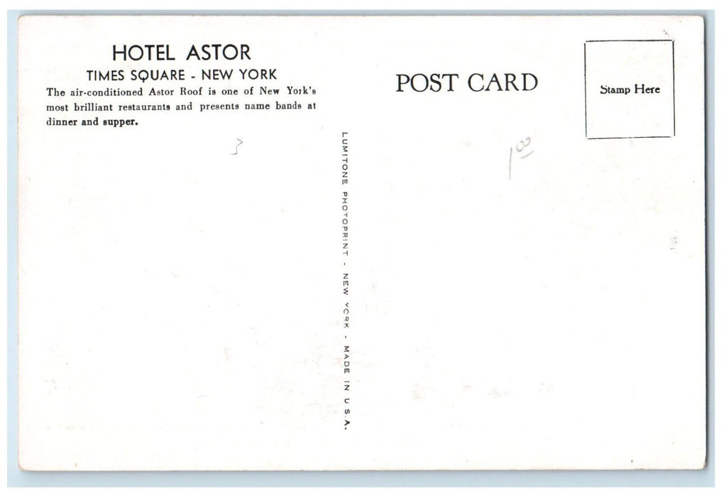 The Astor Roof Hotel Dining Room Interior View Astor New York NY Postcard