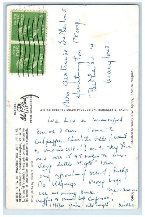 c1950's Aerial View Of Washington And Lee University Lexington WV Postcard