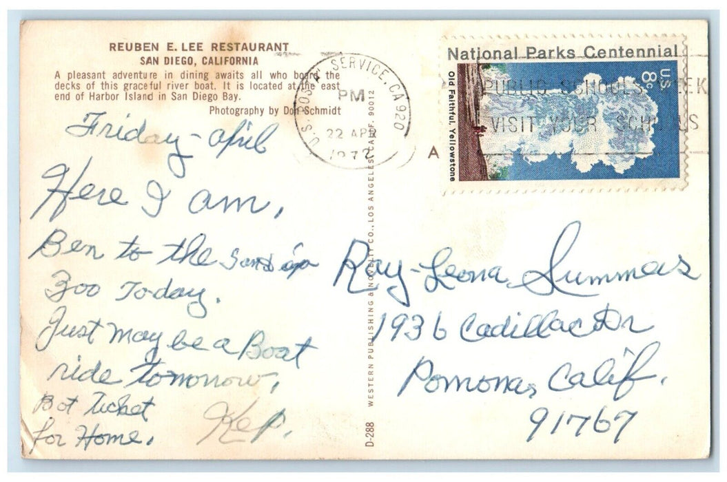 1972 Reuben E. Lee Restaurant Roadside View San Diego California CA Postcard