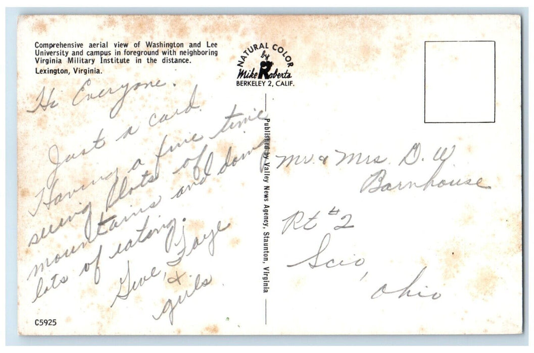 c1950s Aerial View Of Washington And Lee University Campus Lexington VA Postcard