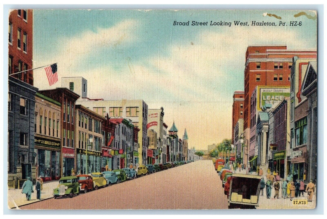 c1940 Broad Street Looking West Exterior Building Hazleton Pennsylvania Postcard