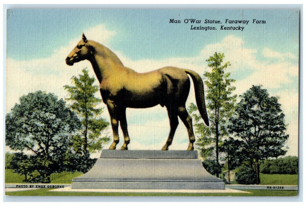 c1940 Man O'War Statue Faraway Farm Horse Sculpture Lexington Kentucky Postcard