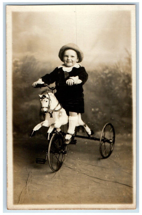 c1910's Little Boy Horse Toy Tricycle Studio England UK RPPC Photo Postcard