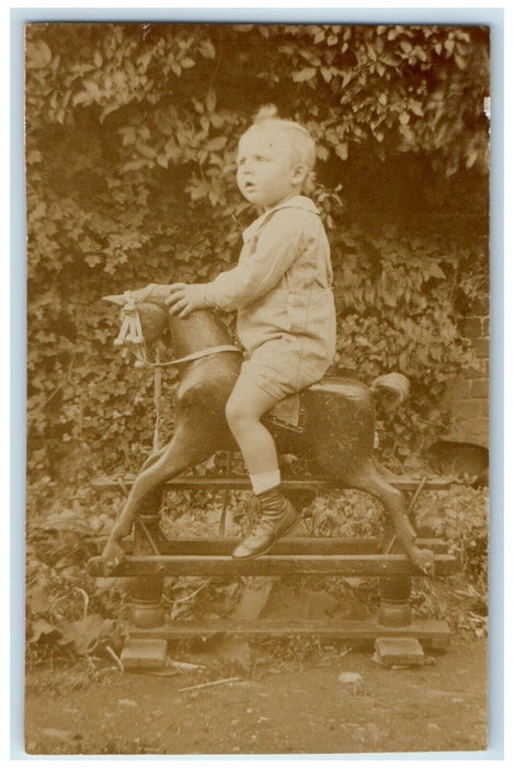 c1910's Little Boy Rocking Horse Toy England UK RPPC Photo Antique Postcard