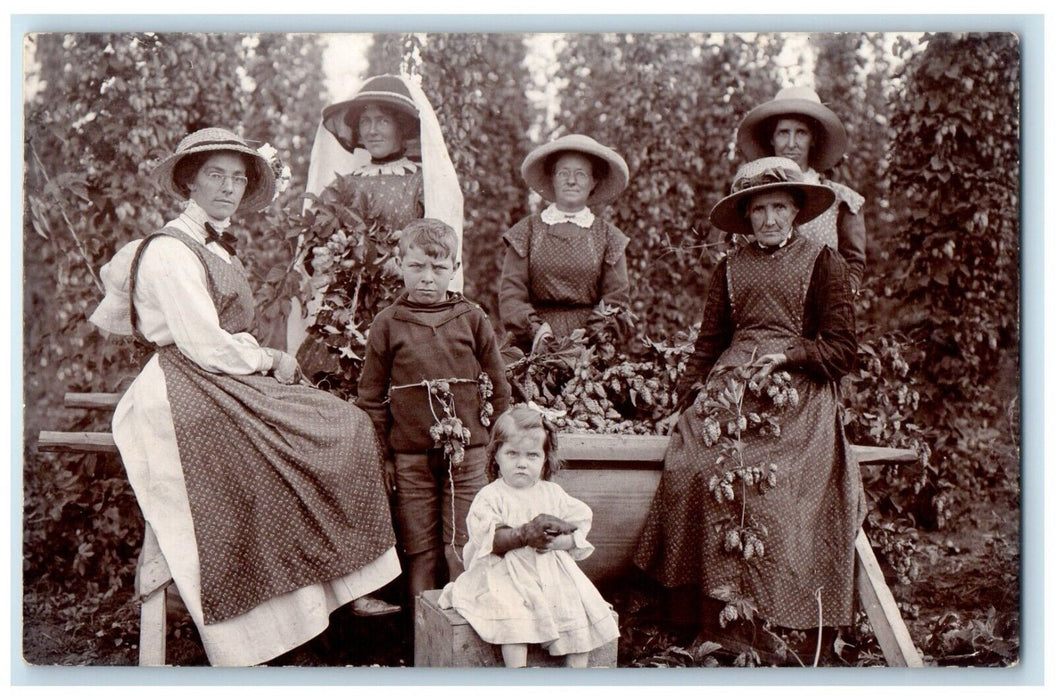 c1910's Grandma And Children Hop Picking England UK RPPC Photo Antique Postcard