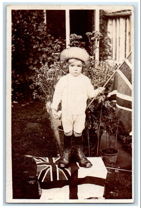 c1910's Little Boy Holding Flag England United Kingdom UK RPPC Photo Postcard