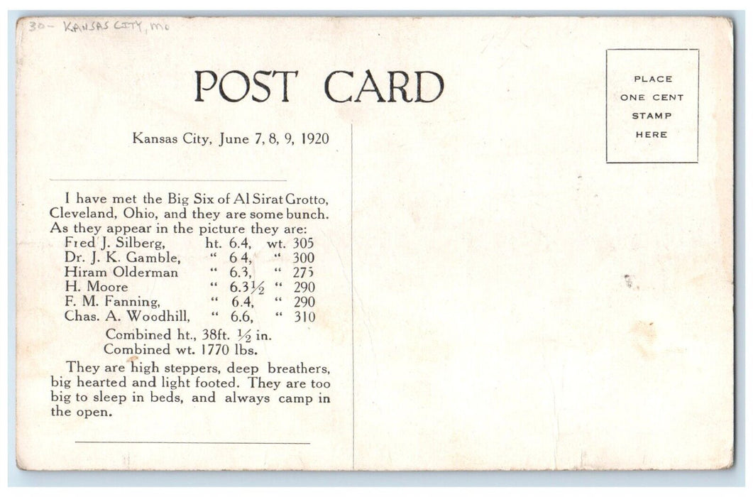1920 Al Sirat Big Six Cleveland Ohio OH Kansas City MO Antique Postcard