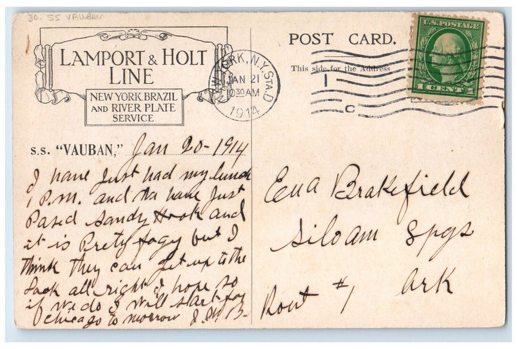1914 Verandah Cafe Interior View SS Vauban New York NY Posted Antique Postcard