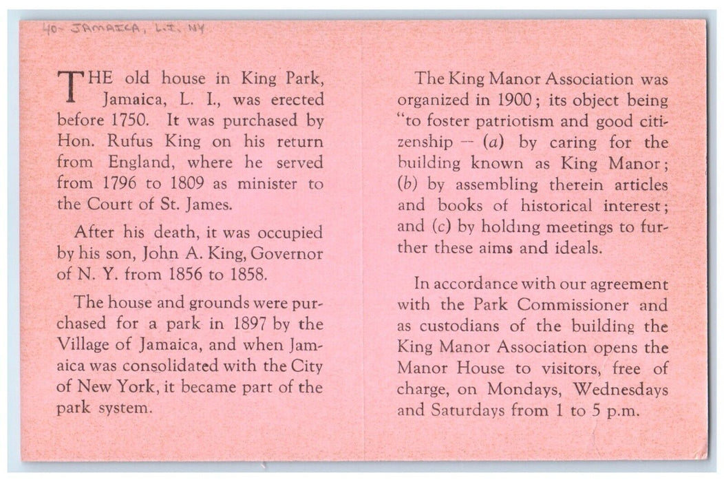 King Manor Association Jamaica Long Island NY, King Manor House Vintage Postcard