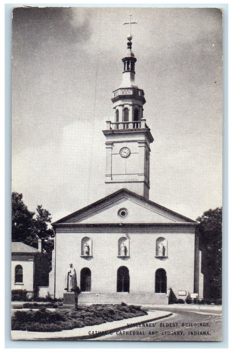 1940 Vincennes Buildings Catholic Cathedral Library Indiana IN Touraide Postcard