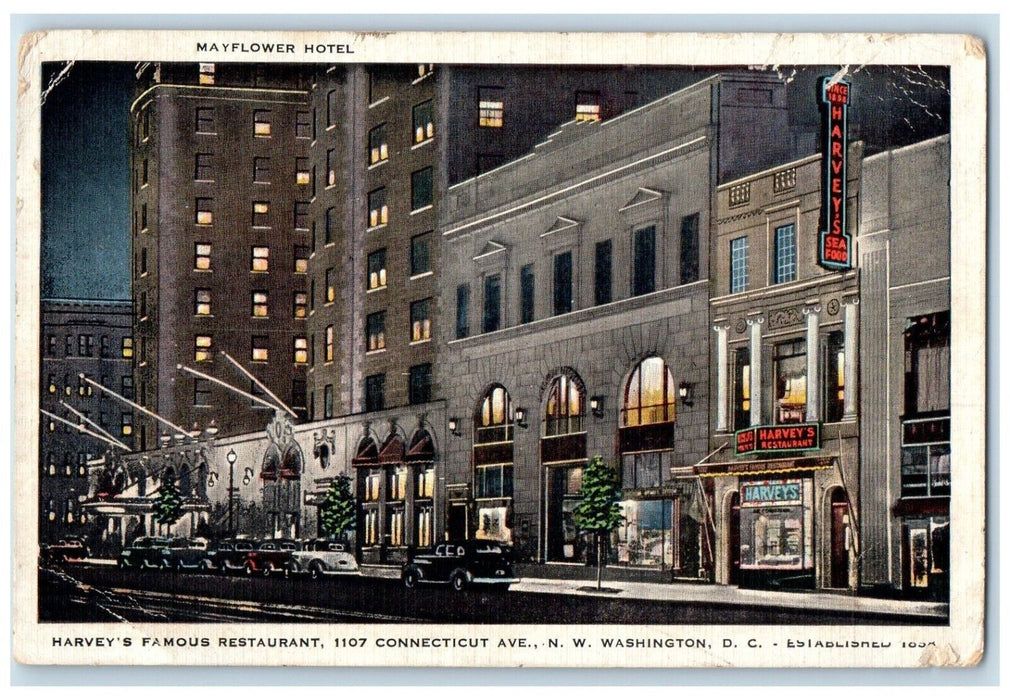 c1940 Mayflower Hotel Night Scene Harvey Restaurant Washington DC Linen Postcard