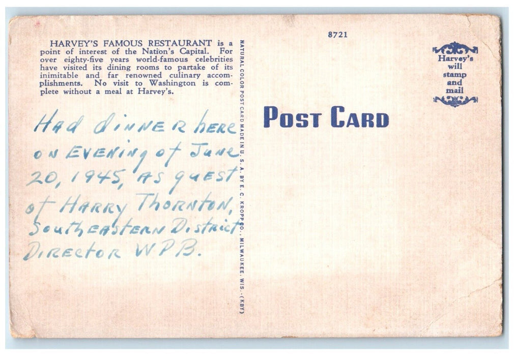 c1940 Mayflower Hotel Night Scene Harvey Restaurant Washington DC Linen Postcard