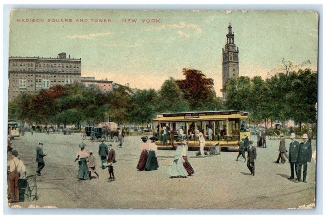 c1910 Madison Square Tower Streetcar Horse Carriage Crowd New York NY Postcard