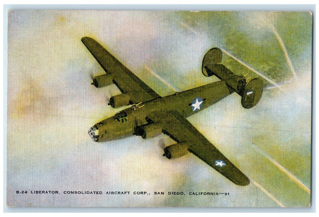 c1940 Liberator Consolidated Aircraft Corp. Plane San Diego California Postcard