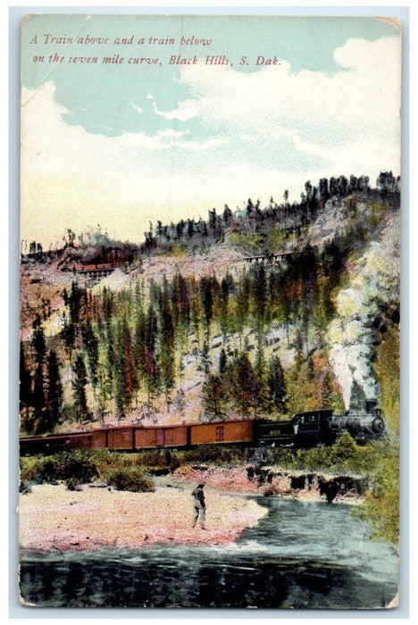 c1910 Train Above Train Below Seven Mile Curve Black Hills South Dakota Postcard