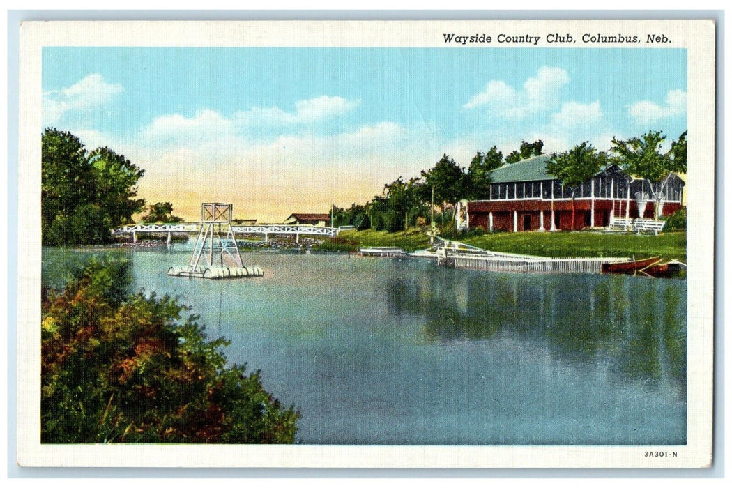 1945 Wayside Country Club Bridge Exterior Lake River Columbus Nebraska Postcard