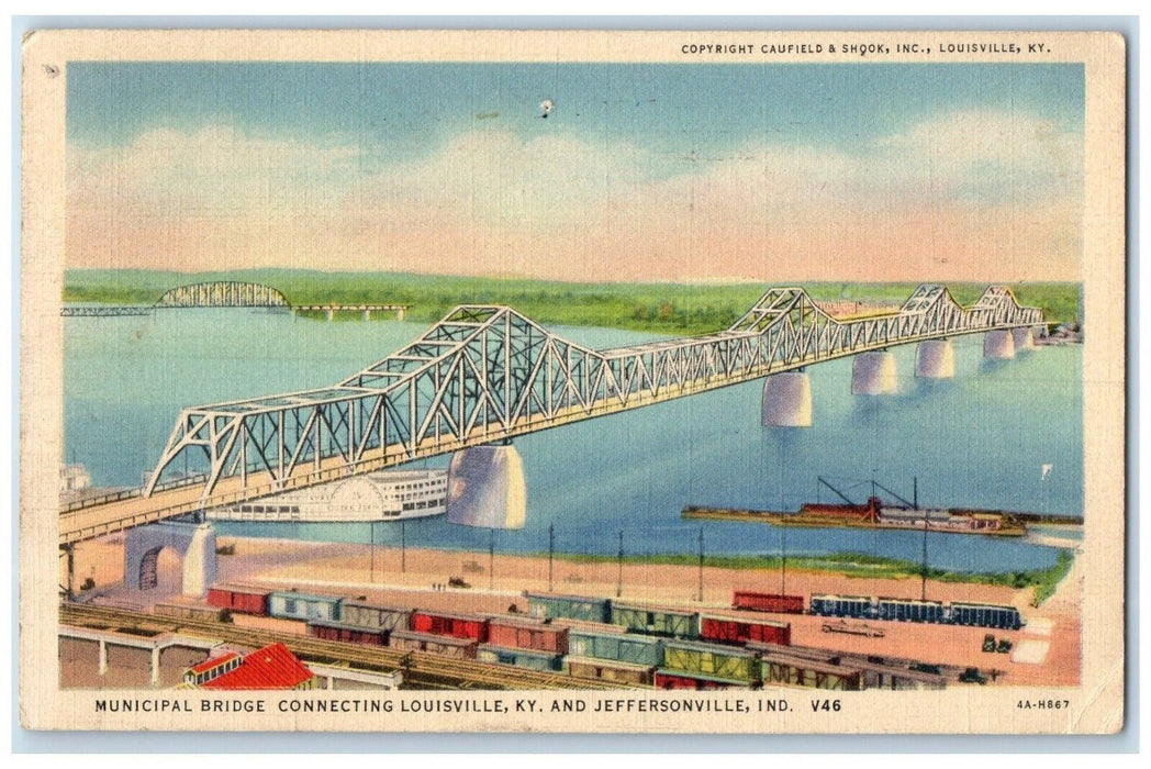 1941 Municipal Bridge Connecting Jeffersonville Louisville Kentucky KY Postcard