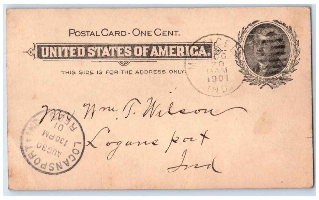 1901 Letter to T Wilson Monticello Indiana IN Logansport IN Postcard