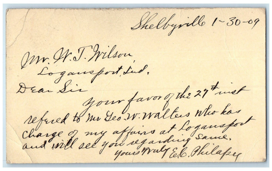 1909 Letter to Mr. W T Wilson Shelbyville Indiana IN Antique Postcard