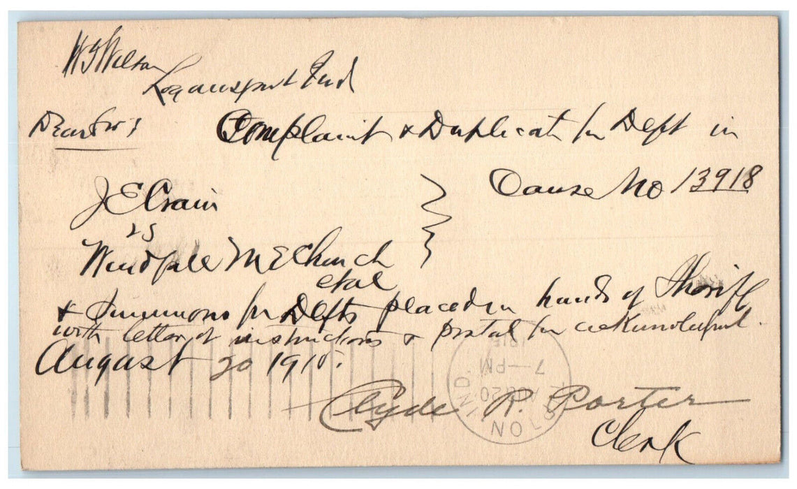 1915 Clyde Porter Complaint Letter Logansport Indiana IN Tipton IN Postcard