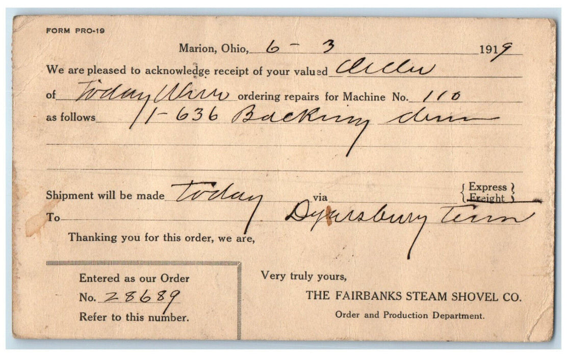 1919 The Fairbanks Steam Shovel Co. Order Dept. Marion Ohio OH Postcard