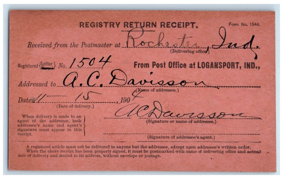 1904 Registry Return Receipt AC Davisson Form 1548 Rochester Indiana IN Postcard