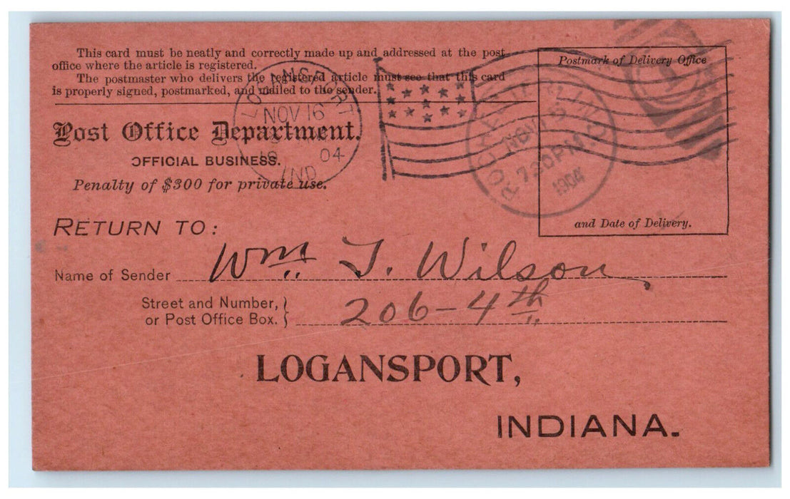 1904 Registry Return Receipt AC Davisson Form 1548 Rochester Indiana IN Postcard