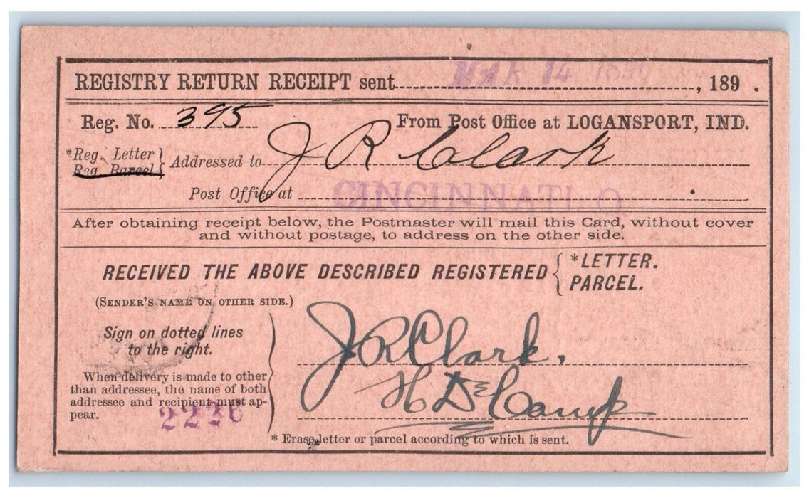 1896 Registry Return Receipt JR Clark Logansport Indiana IN Postcard