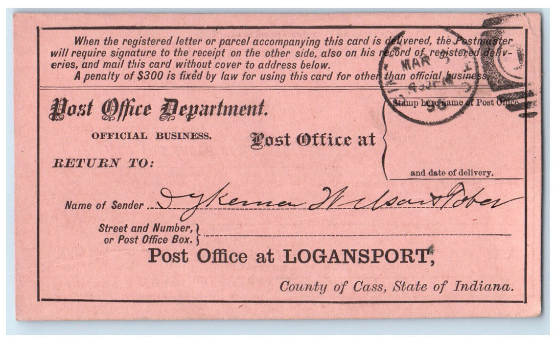 1896 Registry Return Receipt JR Clark Logansport Indiana IN Postcard