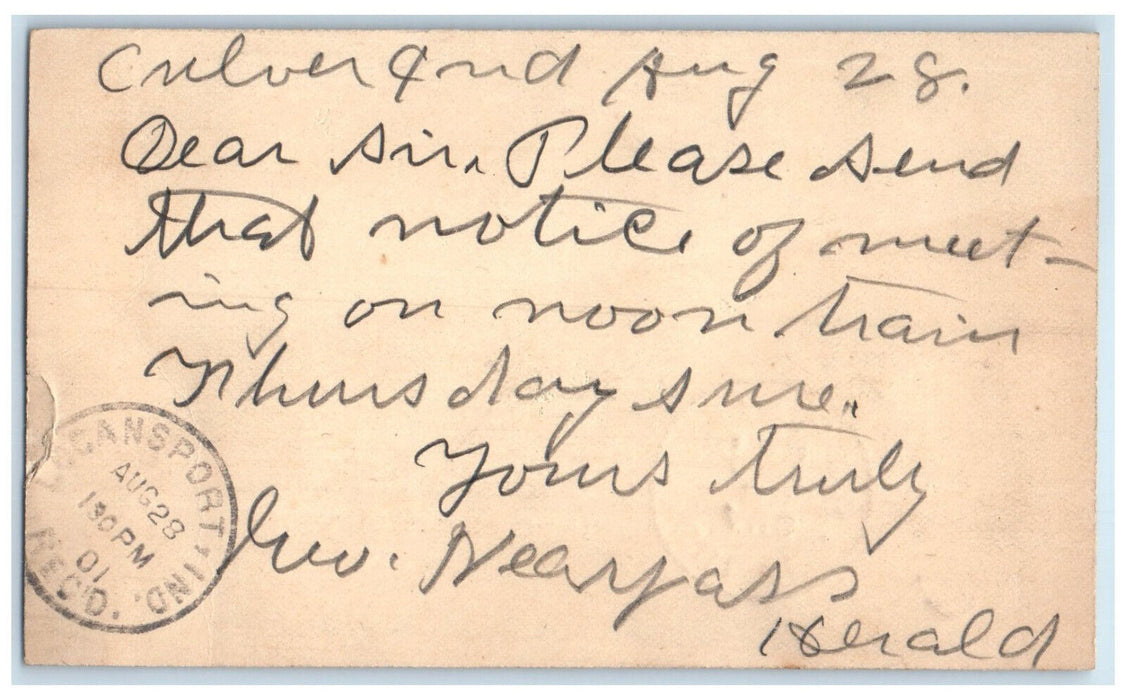 1901 Send Notice of Meeting Culver Indiana IN Logansport IN Posted Postcard