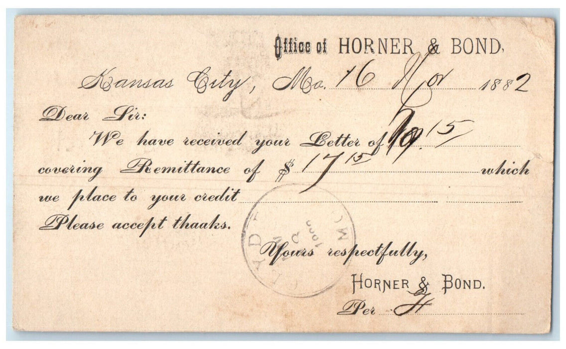 1882 Office of Horner & Bond Covering Remittance Letter Kansas City MO Postcard