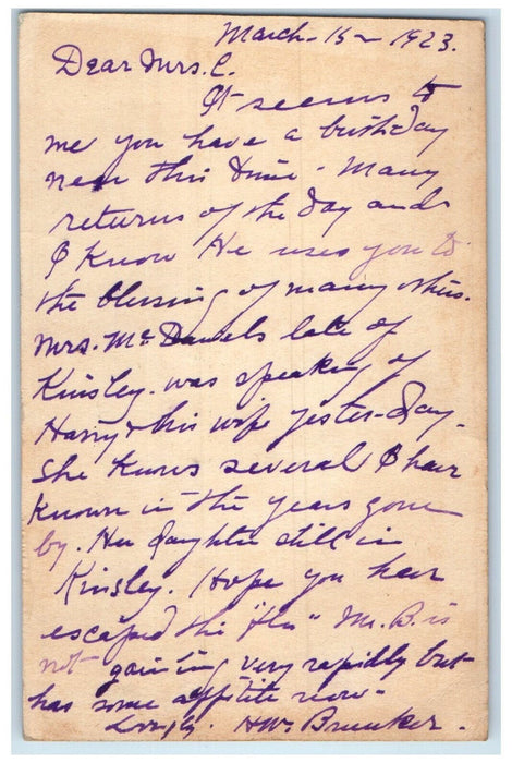1923 Birthday Message Many Returns of the Day Garden City Kansas KS Postcard