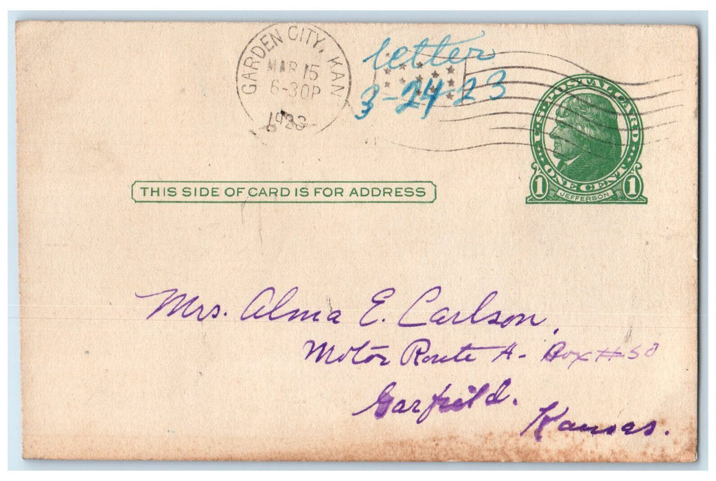 1923 Birthday Message Many Returns of the Day Garden City Kansas KS Postcard
