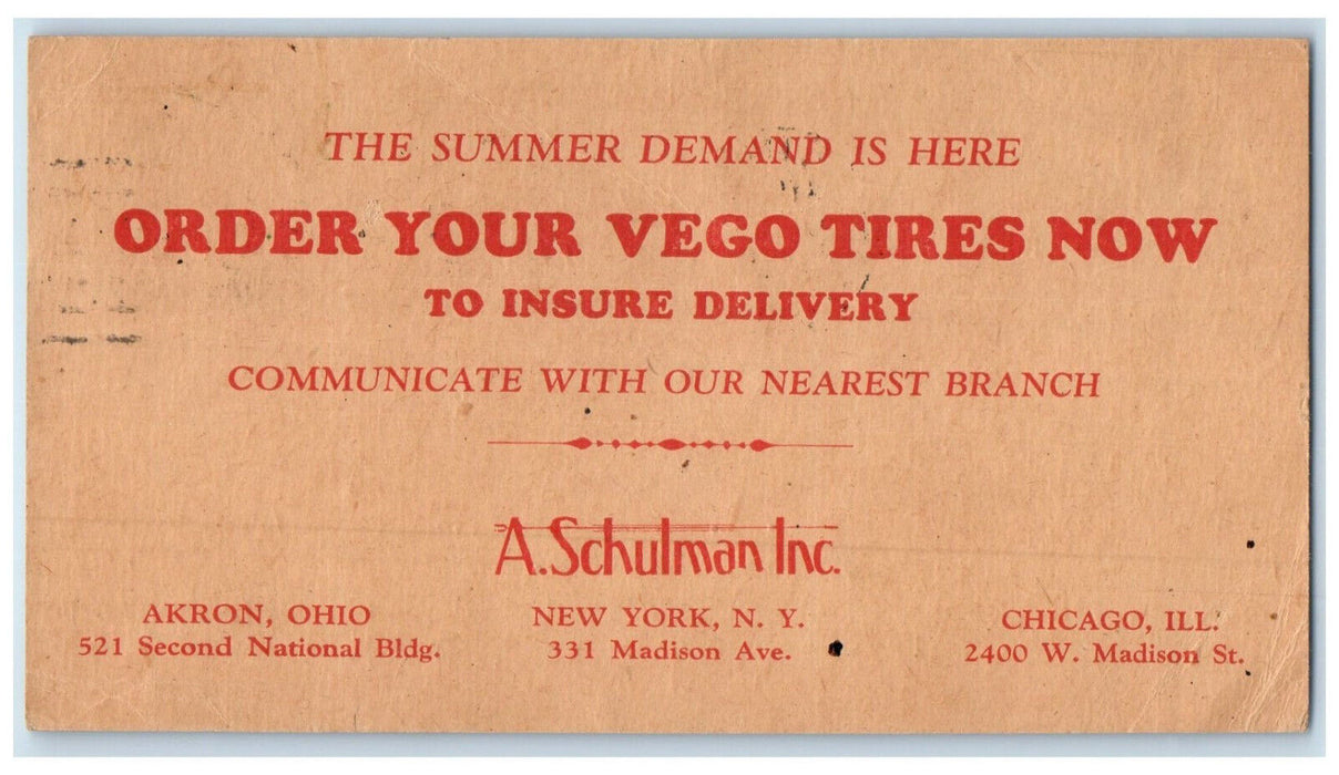 1931 Order Your Vego Tires Now A Schulman Inc Chicago Illinois IL Postcard