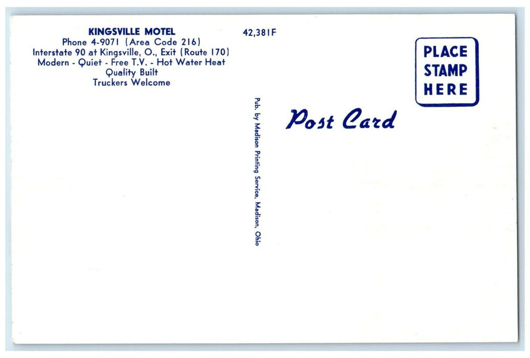 c1960's Kingsville Motel Kingsville Ohio OH, Dirt Road Unposted Vintage Postcard