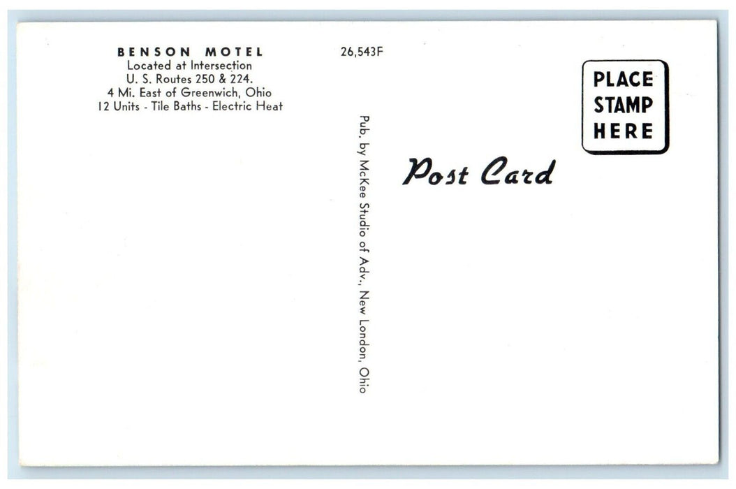 c1960's Benson Motel Roadside Greenwich Ohio OH Unposted Vintage Postcard