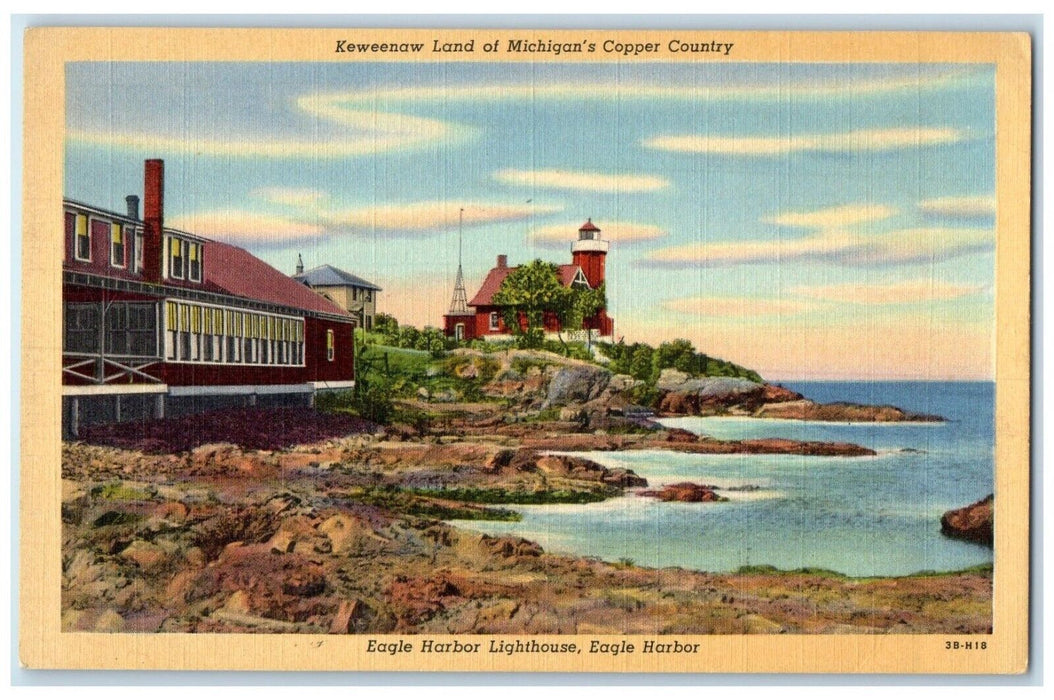 c1940 Keweenaw Land Michigan Copper Country Eagle Harbor Lighthouse MI Postcard