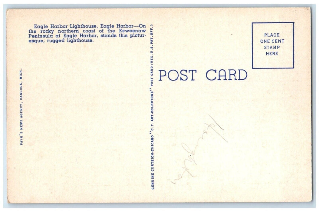 c1940 Keweenaw Land Michigan Copper Country Eagle Harbor Lighthouse MI Postcard