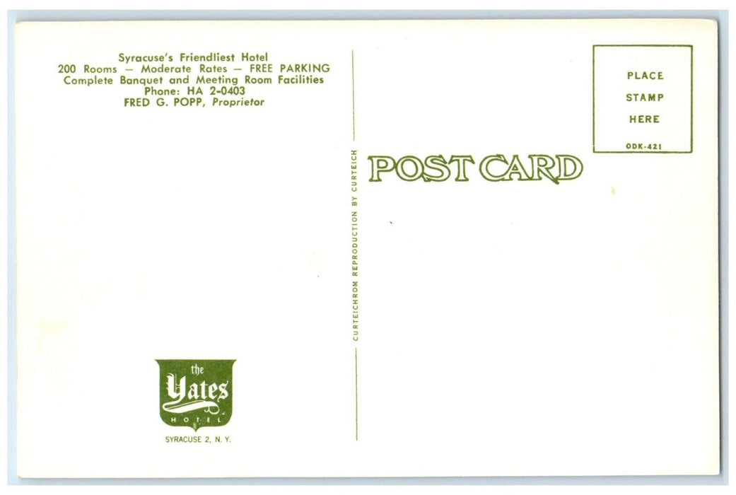 Syracuse's Outstanding Moderate Priced Hotel Yates Tap Room Syracuse NY Postcard