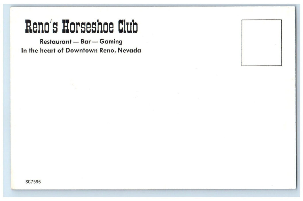 Reno's Horseshoe Club Restaurant Bar Gaming Reno Nevada NV Vintage Postcard