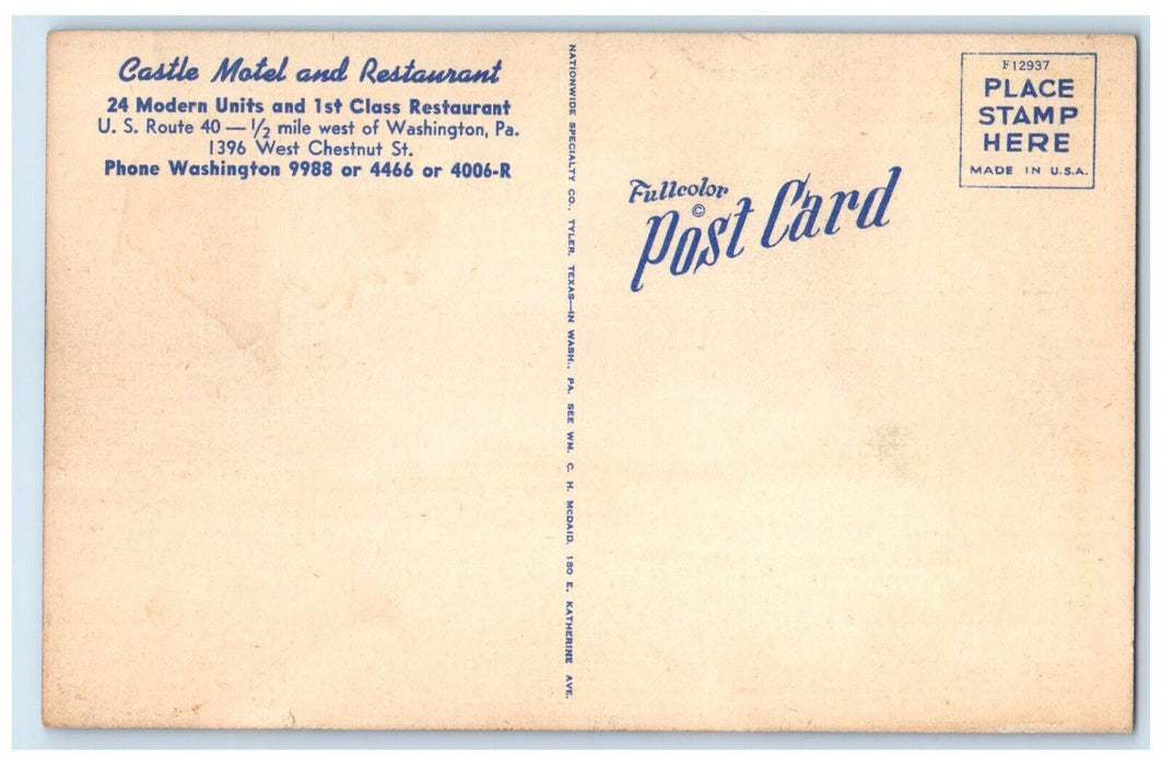 c1940's Castle Motel And Restaurant Washington Pennsylvania PA Vintage Postcard